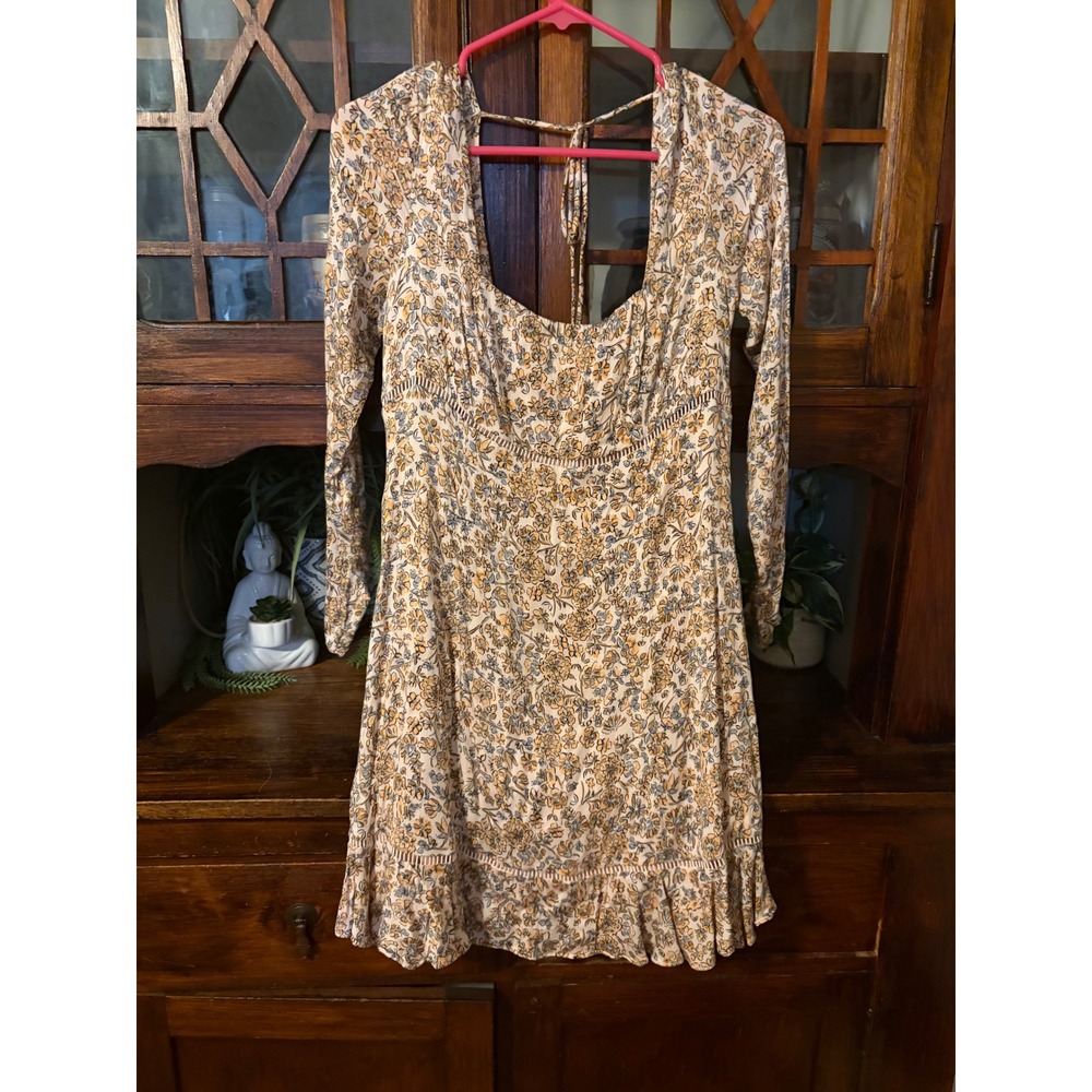Free People Women Floral Mini Dress Long Sleeve Square Neck Open Back Size 10‎ - Picture 2 of 6